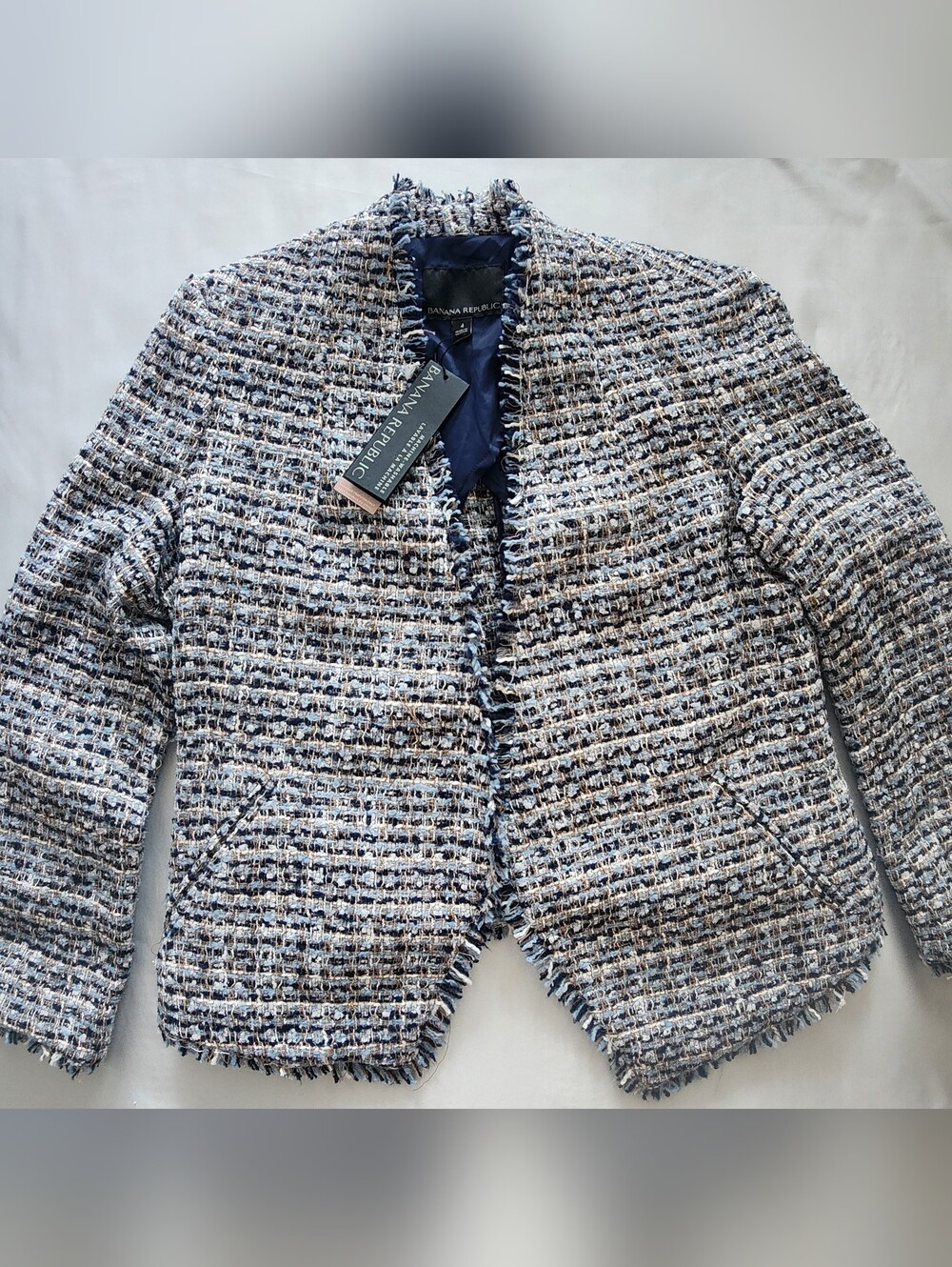 NWT BANANA REPUBLIC Blue Frayed Fringe Trim Tweed Blazer Jacket - Size 4